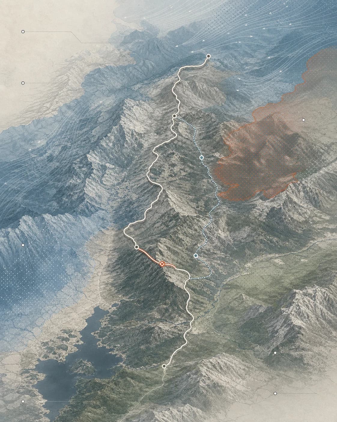 Topographic plate: a driving route crosses wind, rain and a wildfire perimeter, is cut by a road closure, and a dashed alternate route runs alongside it.